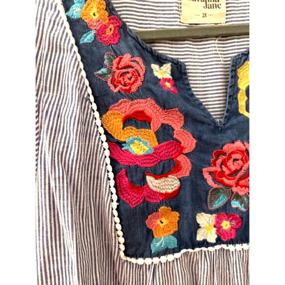 Savanna Jane Embroidered Boho Blouse Women’s 2X Floral Top Stripe Tunic - Picture 3 of 9